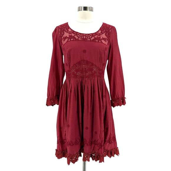 Free People Montana Dress Red Lace Embroidered Fit & Flare Dress Womens 8 - Picture 1 of 9
